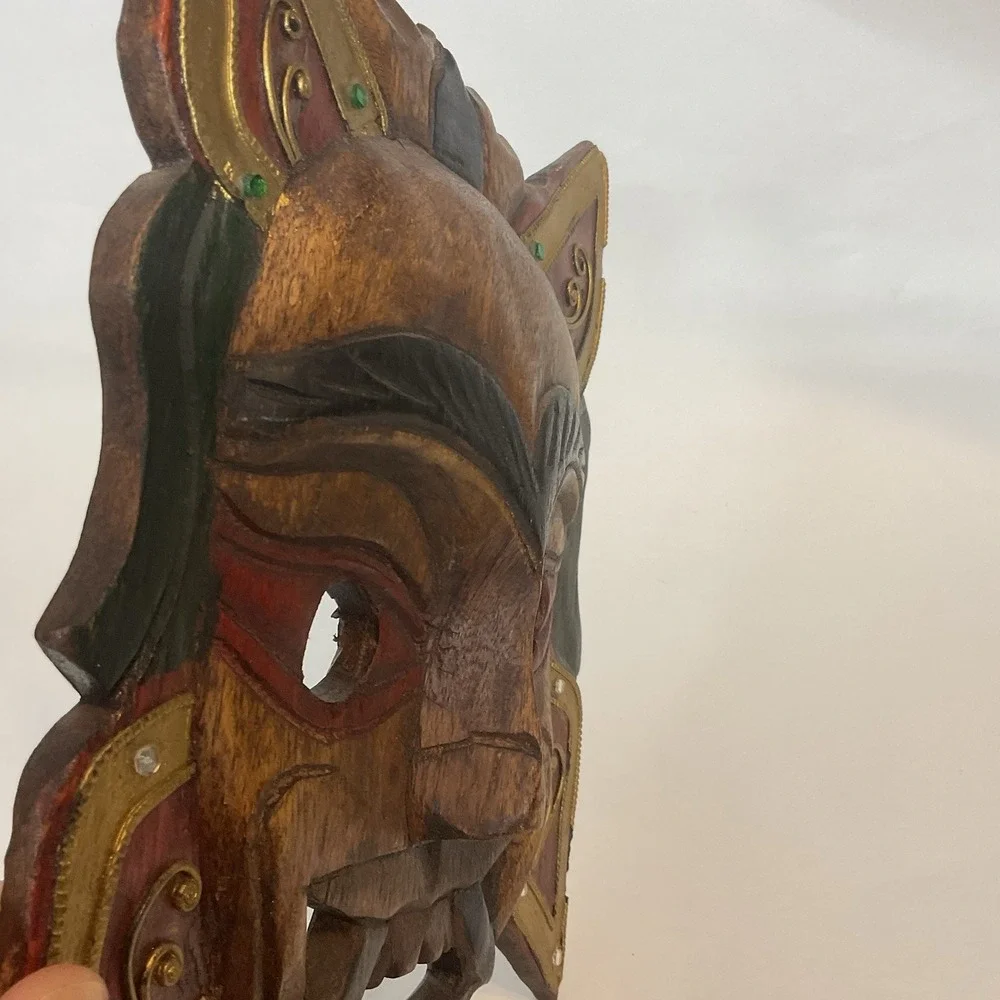 Vtg Hand Carved Wood Mask-Hand Carved & Painted-Decor - Rhinestones - 10 x 7 in.